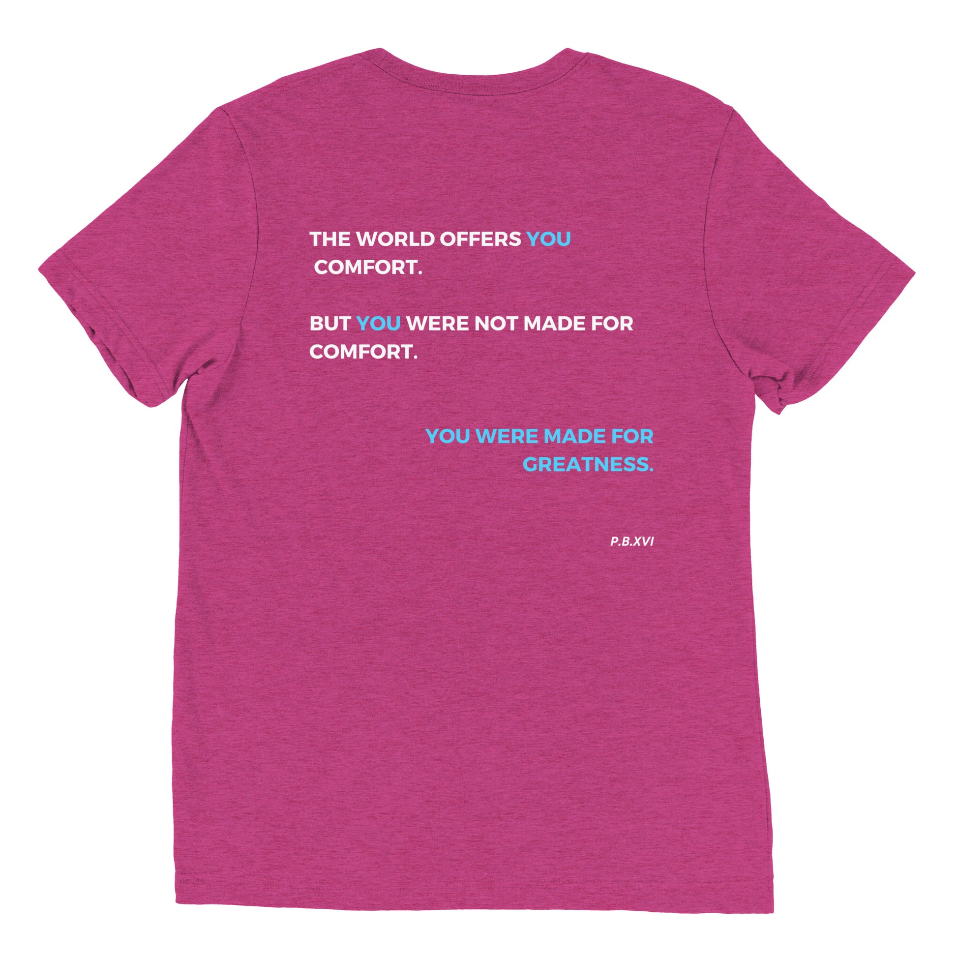 Pink .uoY Made For Greatness tee, back, with the full manifesto print